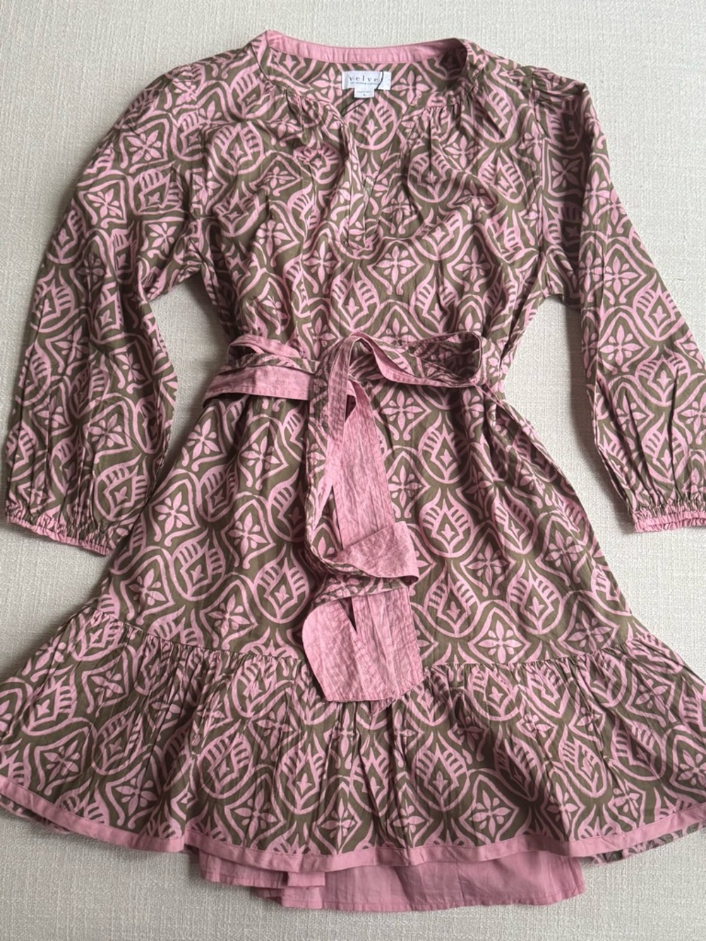 Velvet Size Small Pink and Brown Printed Cotton Belted Dress Ruffle Hem NWT
